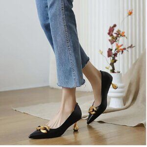 XYD Black Low Heel Pointed Toe Pumps with Metal Chain Solid Golden Heeled Shoes